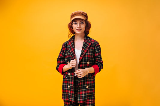 a woman in a red and black checkered coat and hat