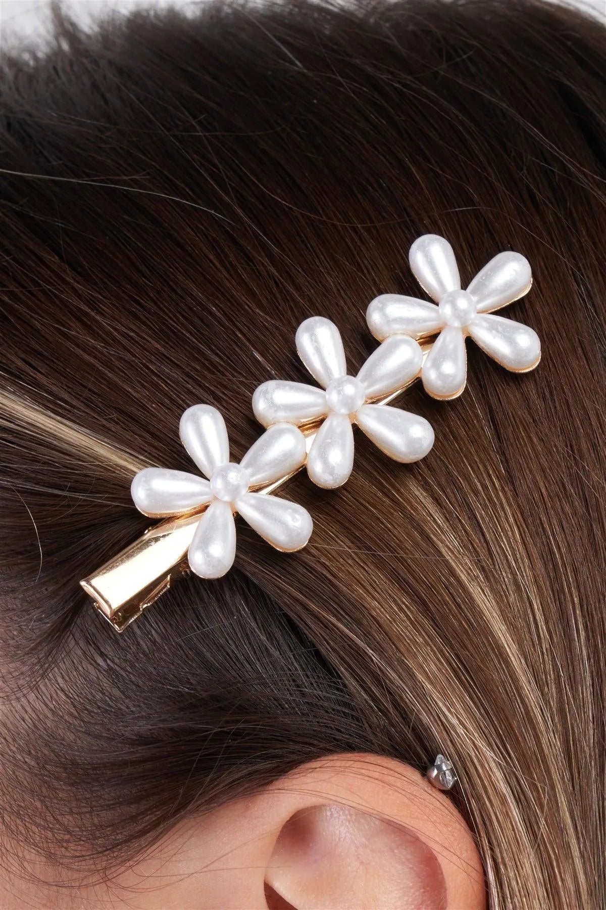 3pcs Gold Pearl Flower Alligator Hair Clip