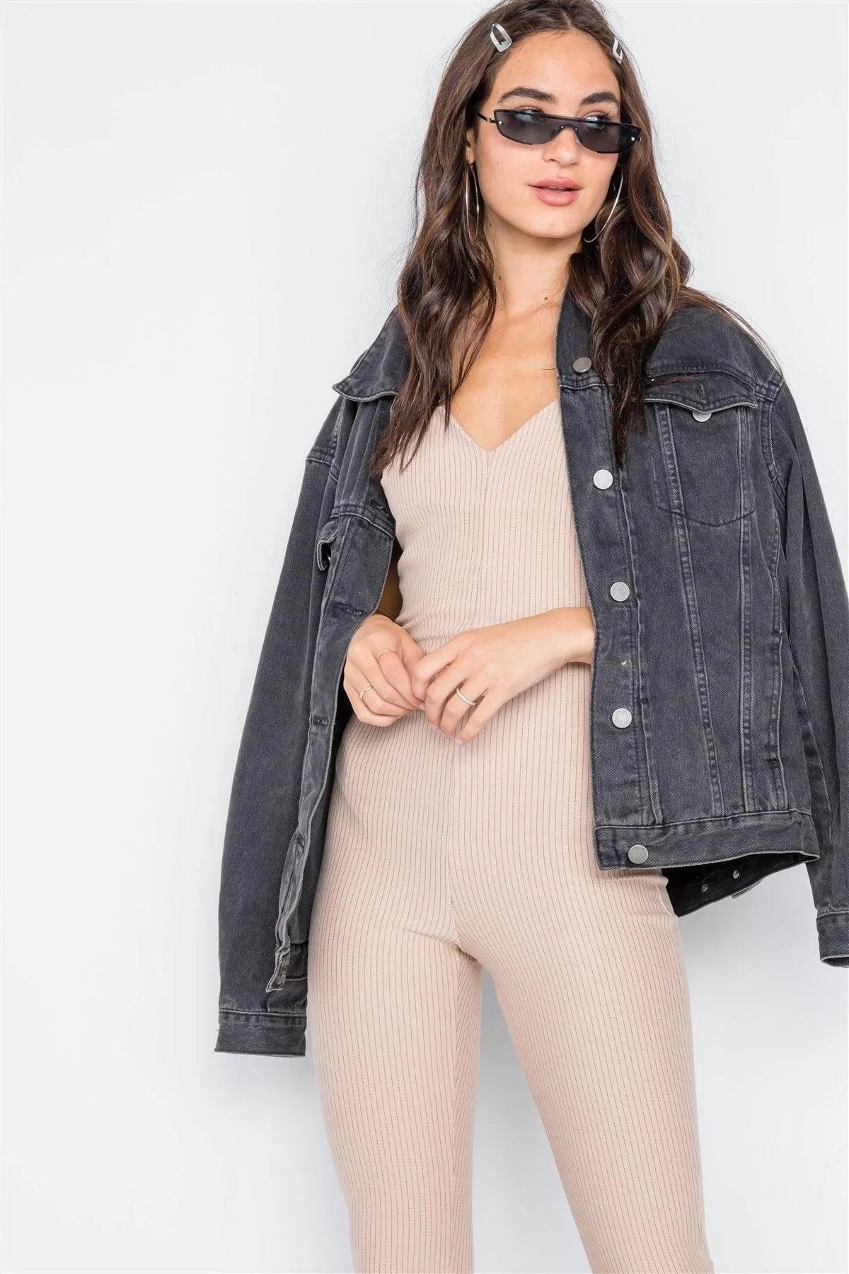 Beige Pinstripe V-neck Skinny Leg Jumpsuit