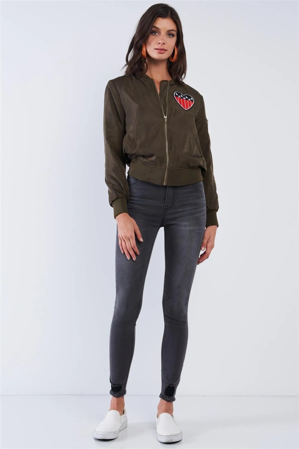 American Made Olive Green Multicolor Patriotic Stamp Flight Bomber Jacket /1-1-2