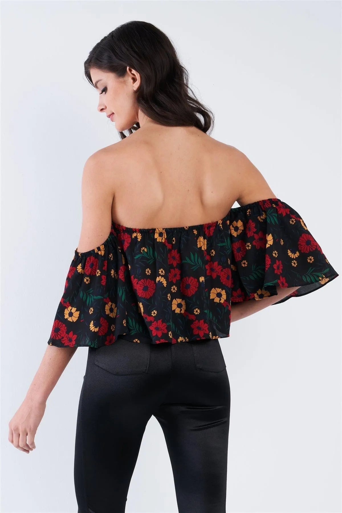 Black Floral Off The Shoulder Bell Sleeve Top /2-2-2