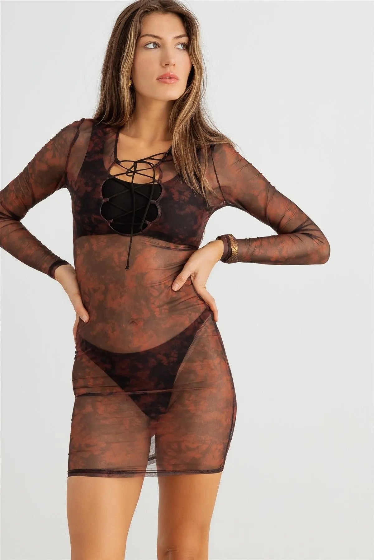 Abstract Mesh Lace-Up Neck Long Sleeve Mini Dress