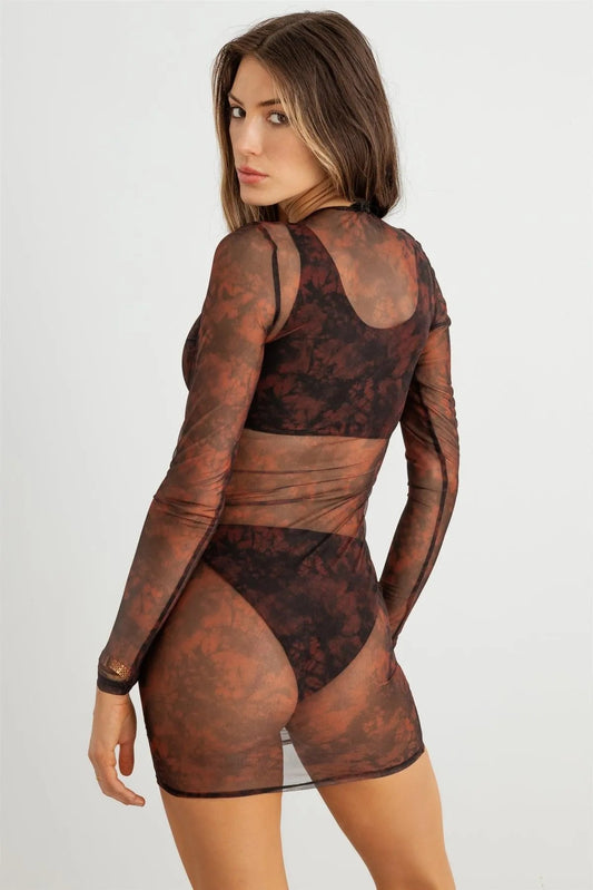 Abstract Mesh Lace-Up Neck Long Sleeve Mini Dress