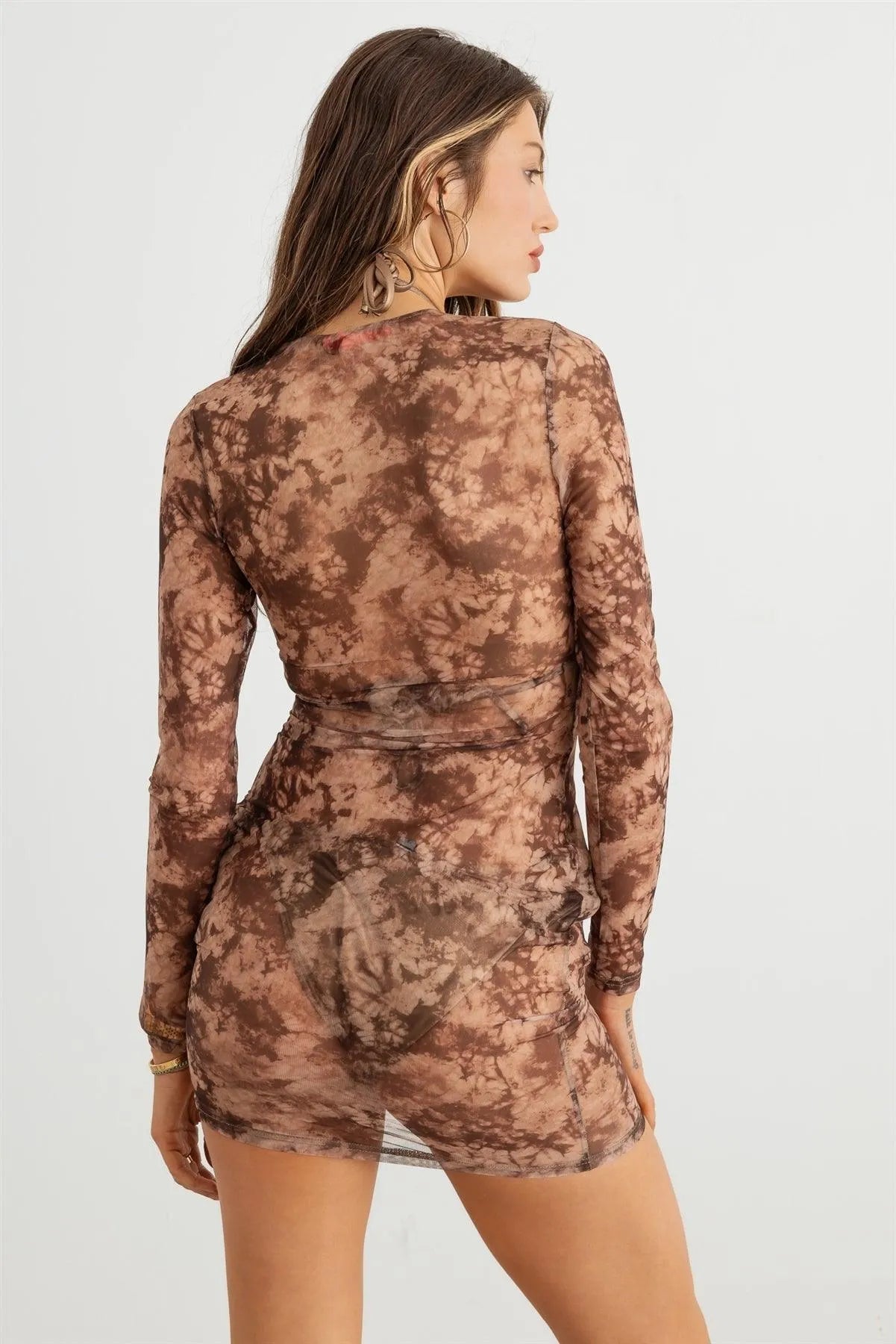 Abstract Mesh Lace-Up Neck Long Sleeve Mini Dress