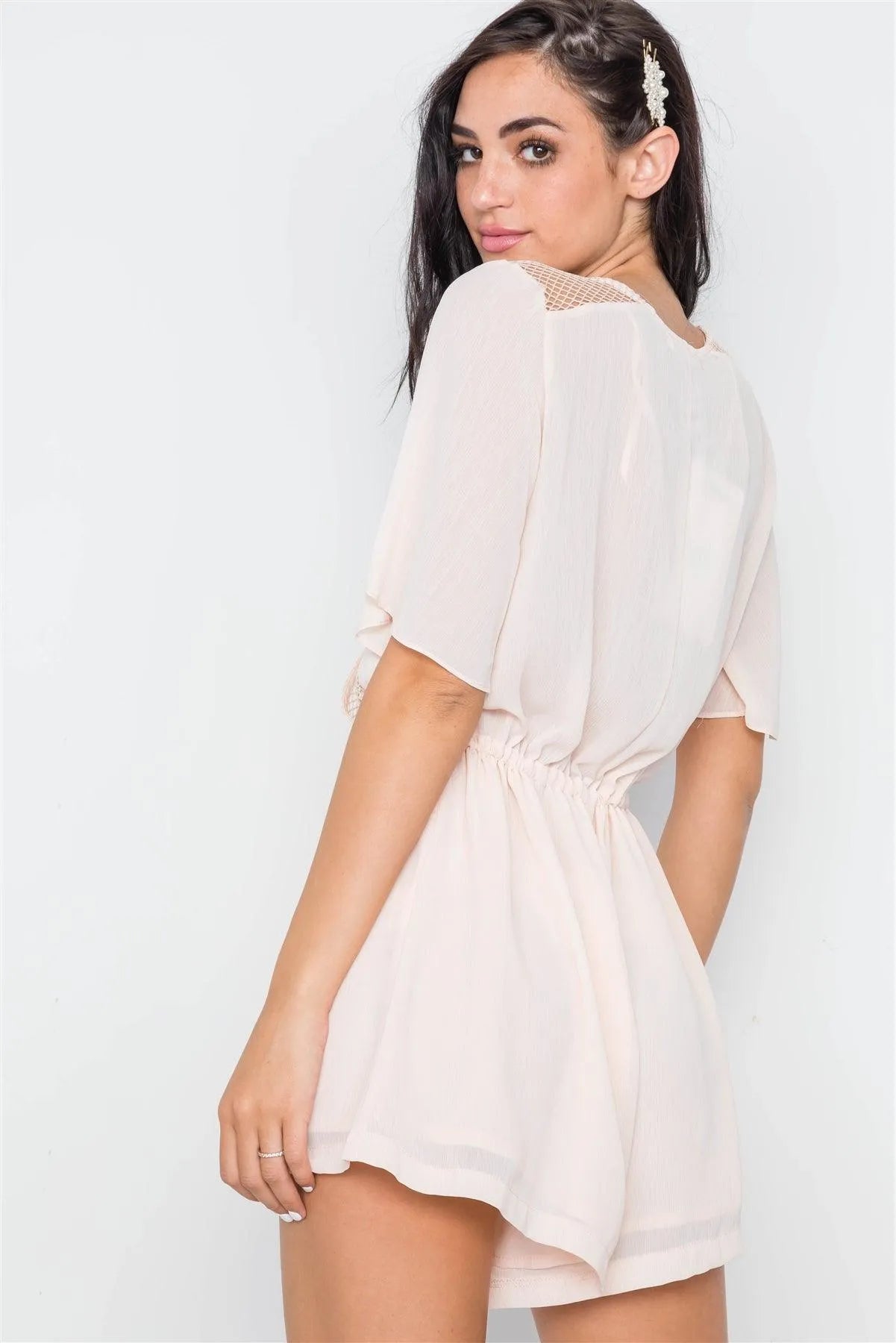 Beige Surplice Net Neckline Short Sleeve Romper /1-3-2-1