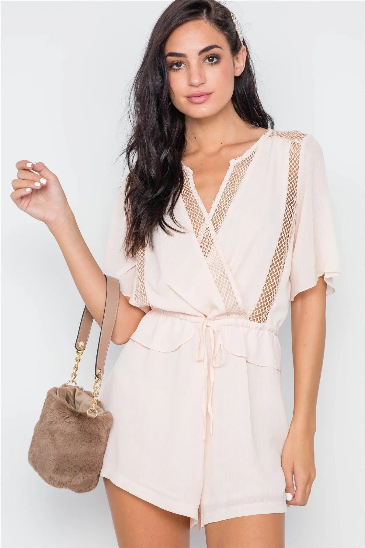 Beige Surplice Net Neckline Short Sleeve Romper /1-3-2-1