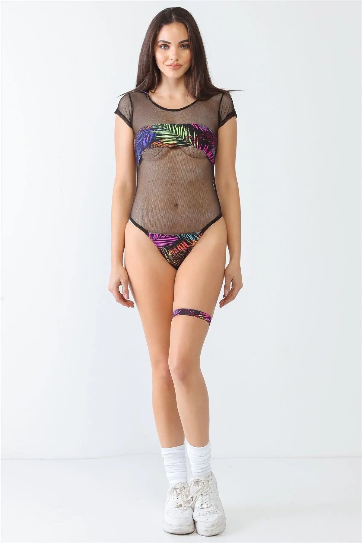 Black & Palm Leaves Print Sheer Mesh Hooded Short Sleeve Swimsuit