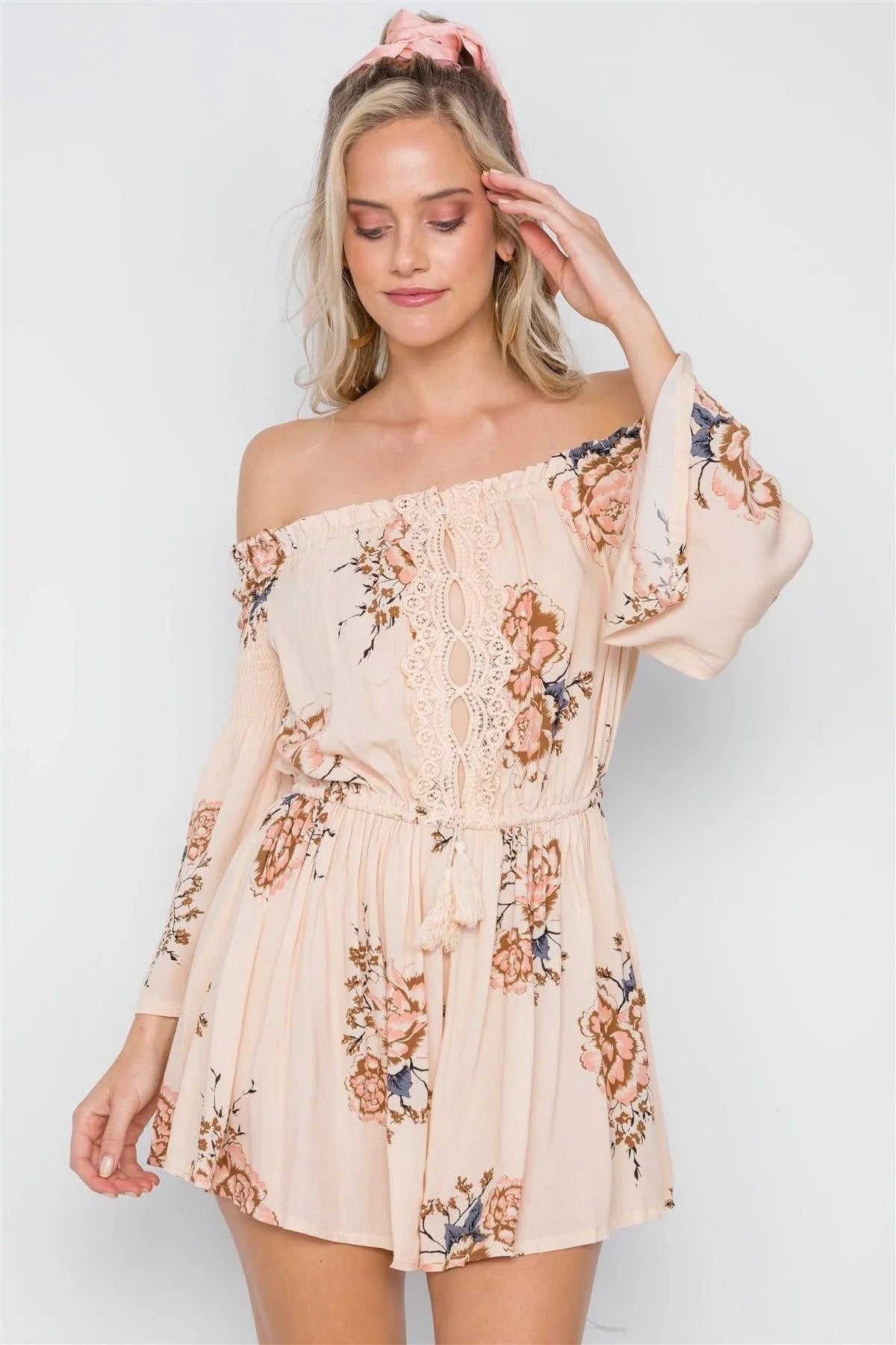 Beige Floral Print Off-The-Shoulder Boho Romper /1-3-2-1