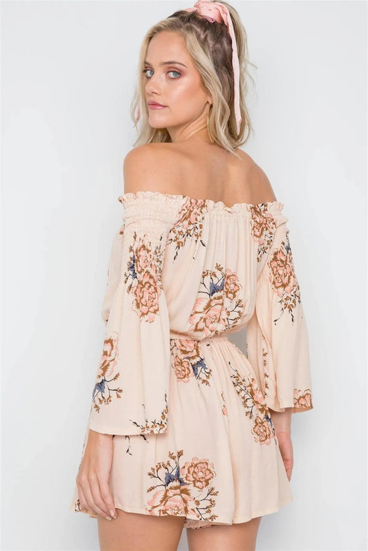 Beige Floral Print Off-The-Shoulder Boho Romper /1-3-2-1