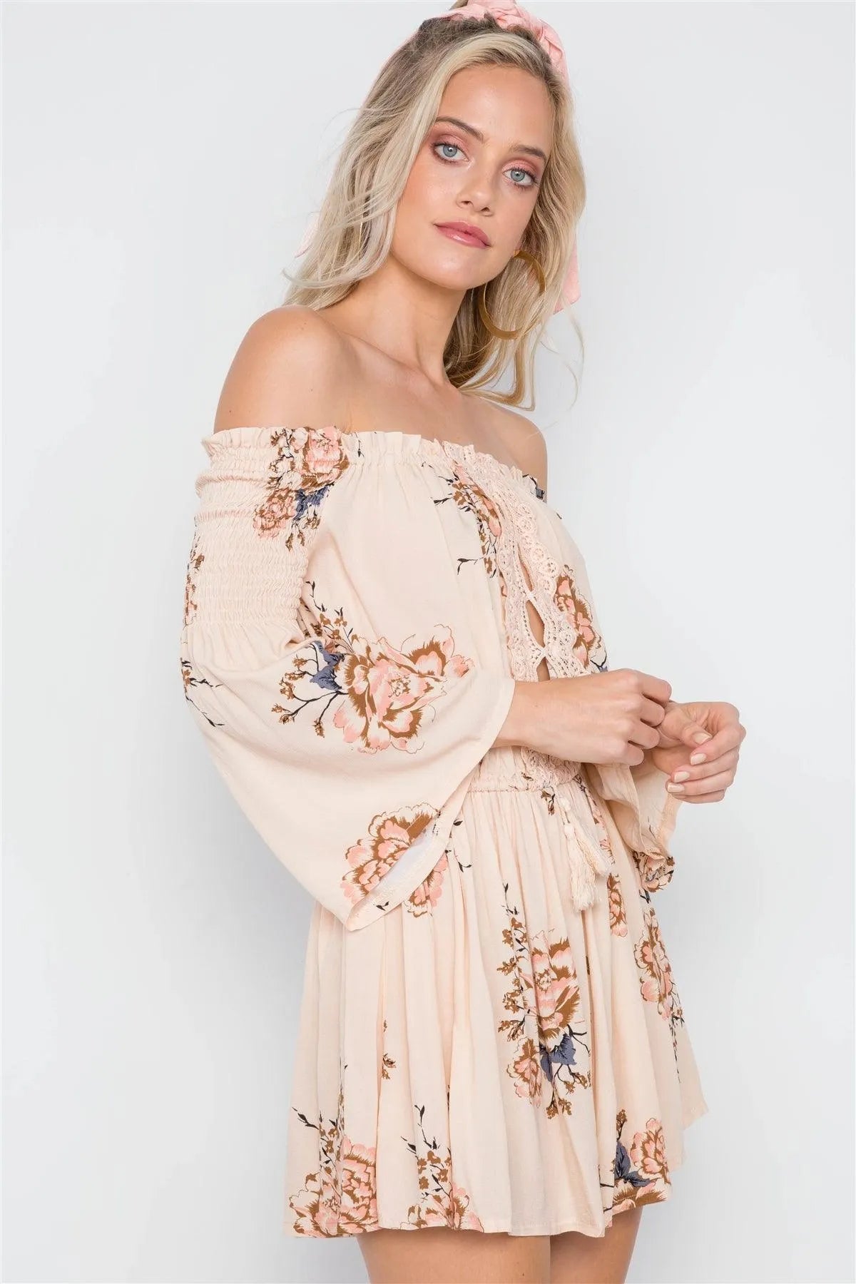 Beige Floral Print Off-The-Shoulder Boho Romper /1-3-2-1