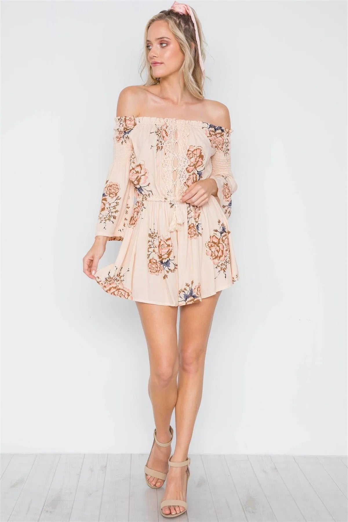 Beige Floral Print Off-The-Shoulder Boho Romper /1-3-2-1