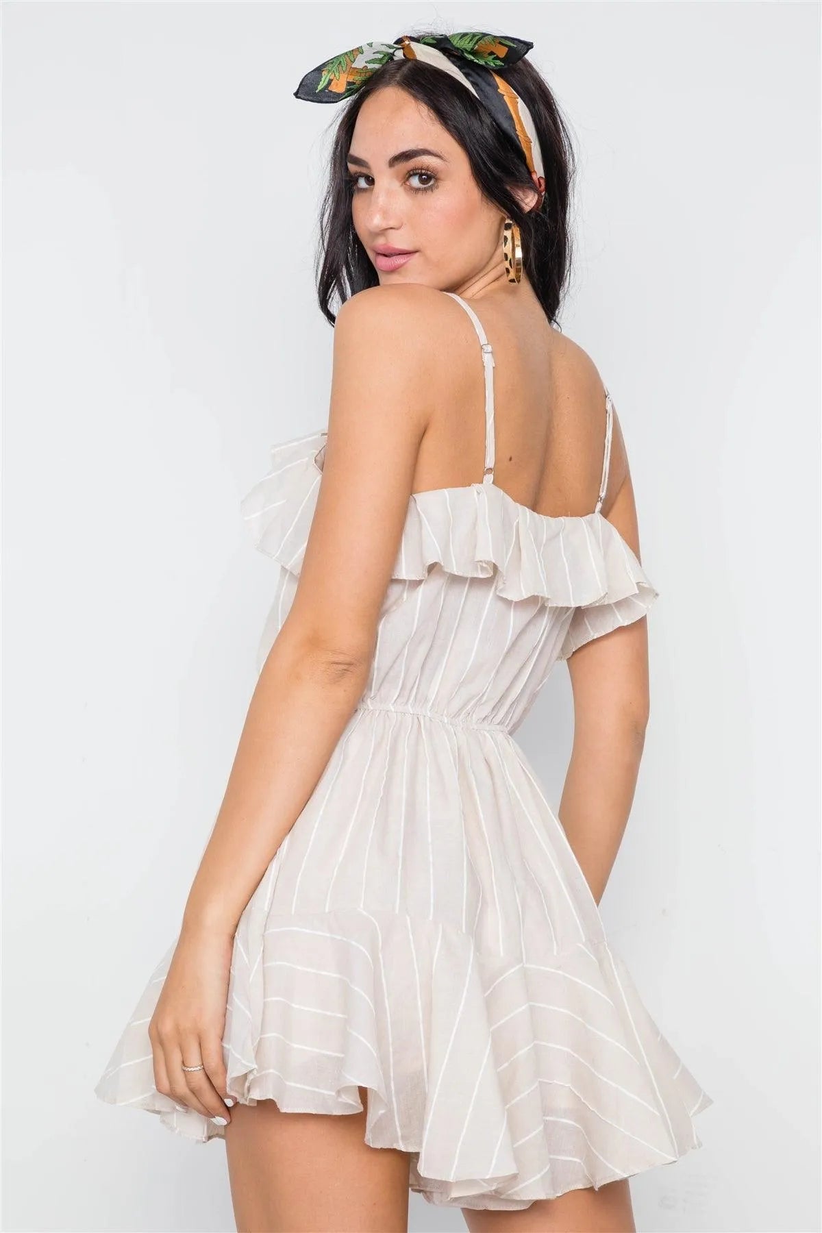 Beige Stripe Cami Flounce Boho Romper /1-2-1