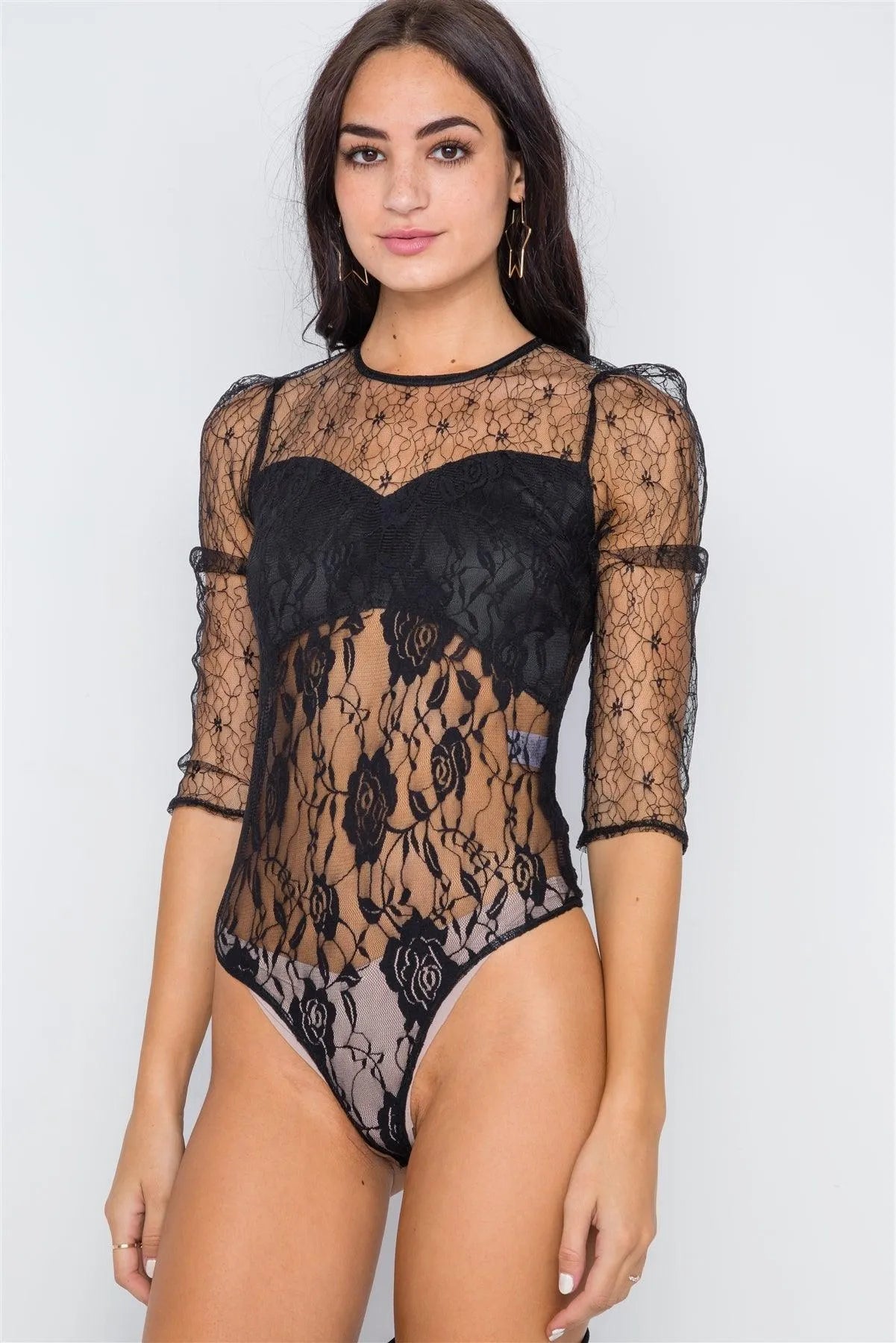 Black Floral Lace Combo Sheer Evening Bodysuit /2-2-2