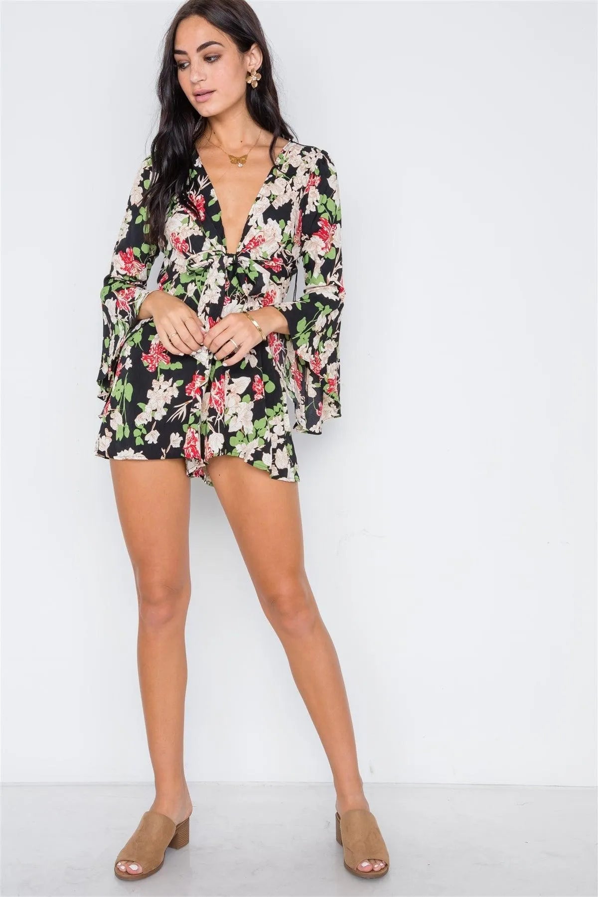 Black Floral Plunging Tie-Front Bell Sleeve Romper /2-2-2