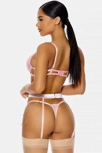 Baby Pink Satin Mesh Diamond Three Piece Set Lingerie
