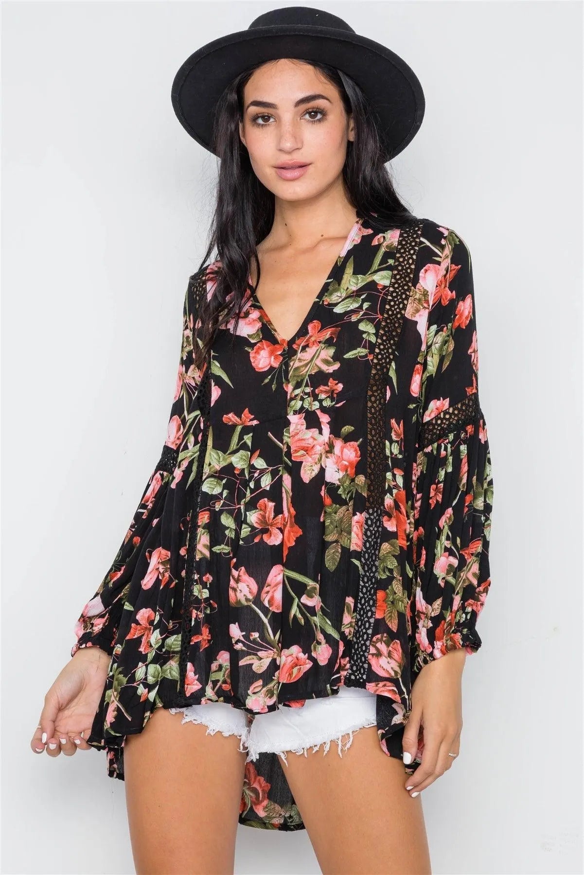 Black Floral V-Neck High Low Crochet Trim /1-3-2-1