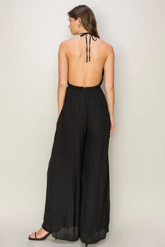 Backless Halter Neck Front Tie Wide Leg Jumpsuit