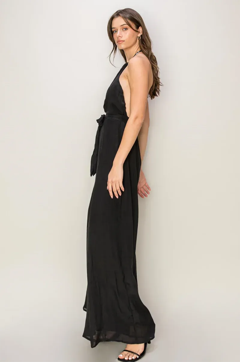 Backless Halter Neck Front Tie Wide Leg Jumpsuit