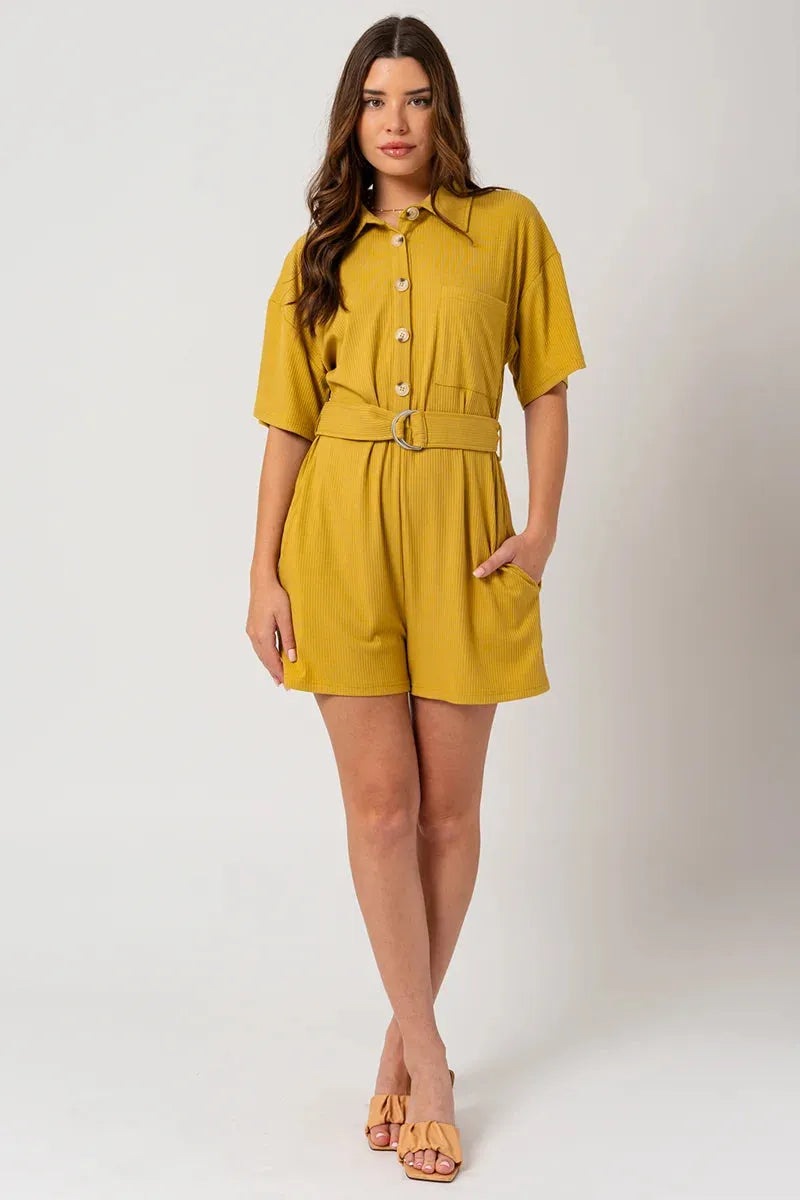 Belted Short Sleeve Button Up Ribbed Romper