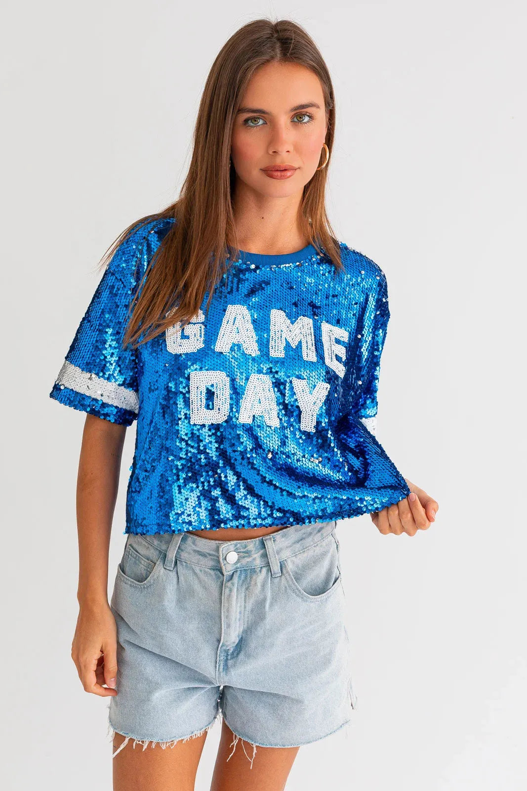 "Game Day" Sequins Cropped Short Sleeve Top