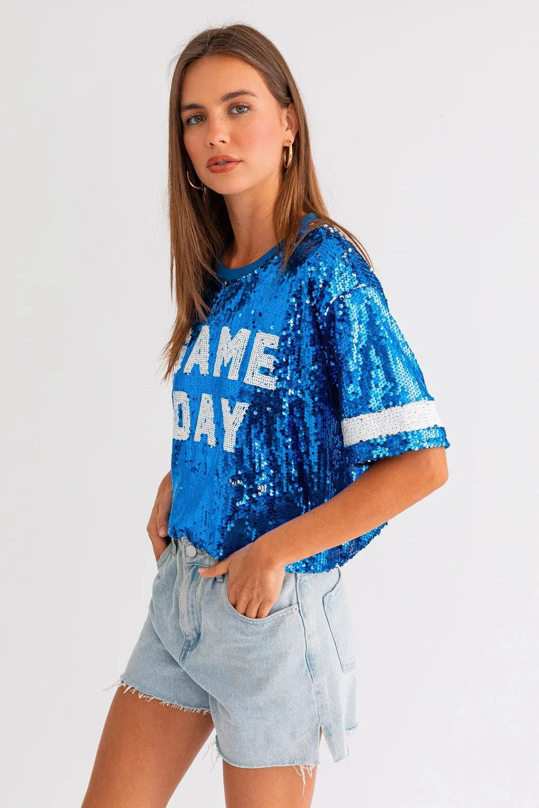 "Game Day" Sequins Cropped Short Sleeve Top