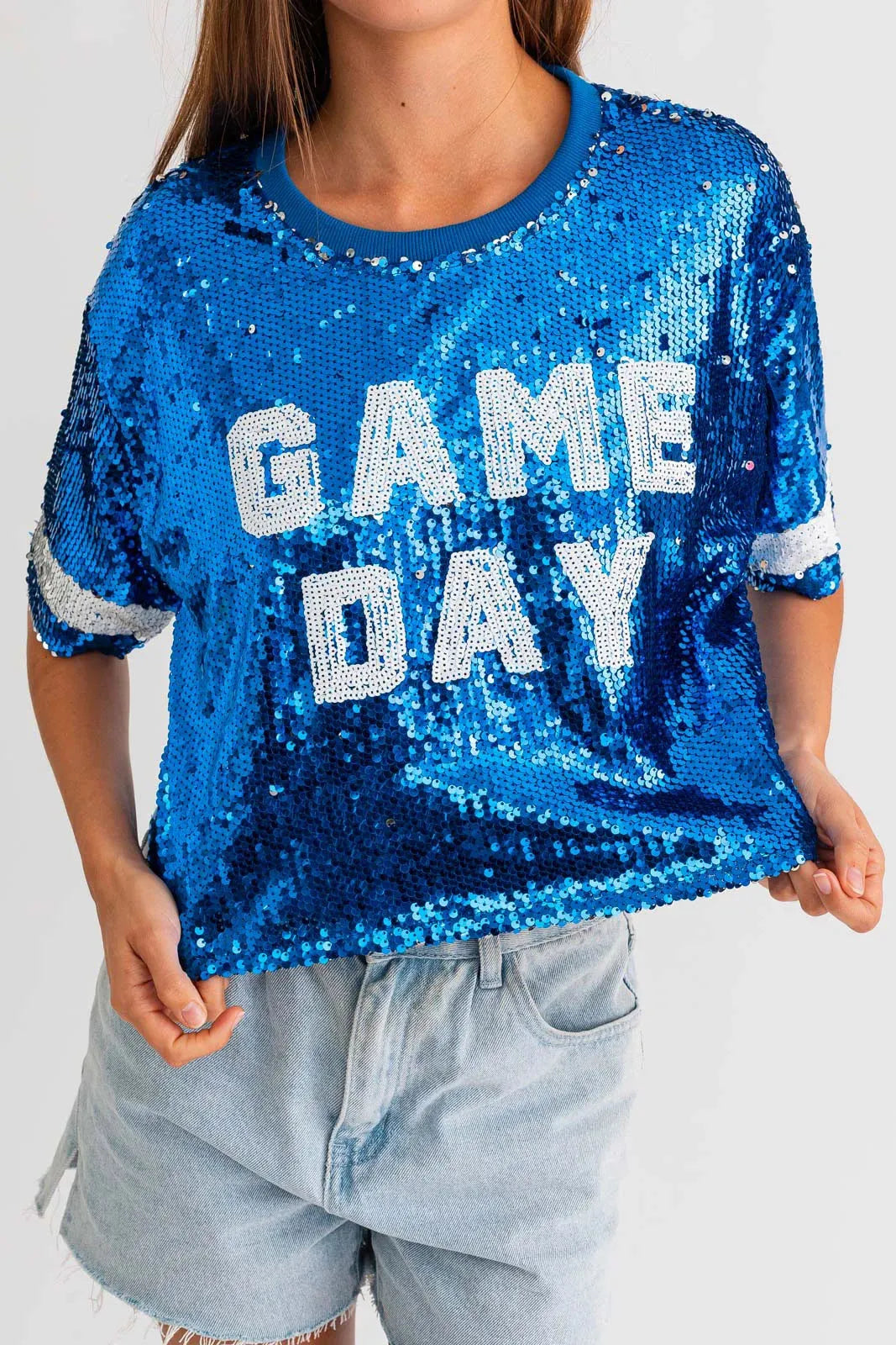 "Game Day" Sequins Cropped Short Sleeve Top