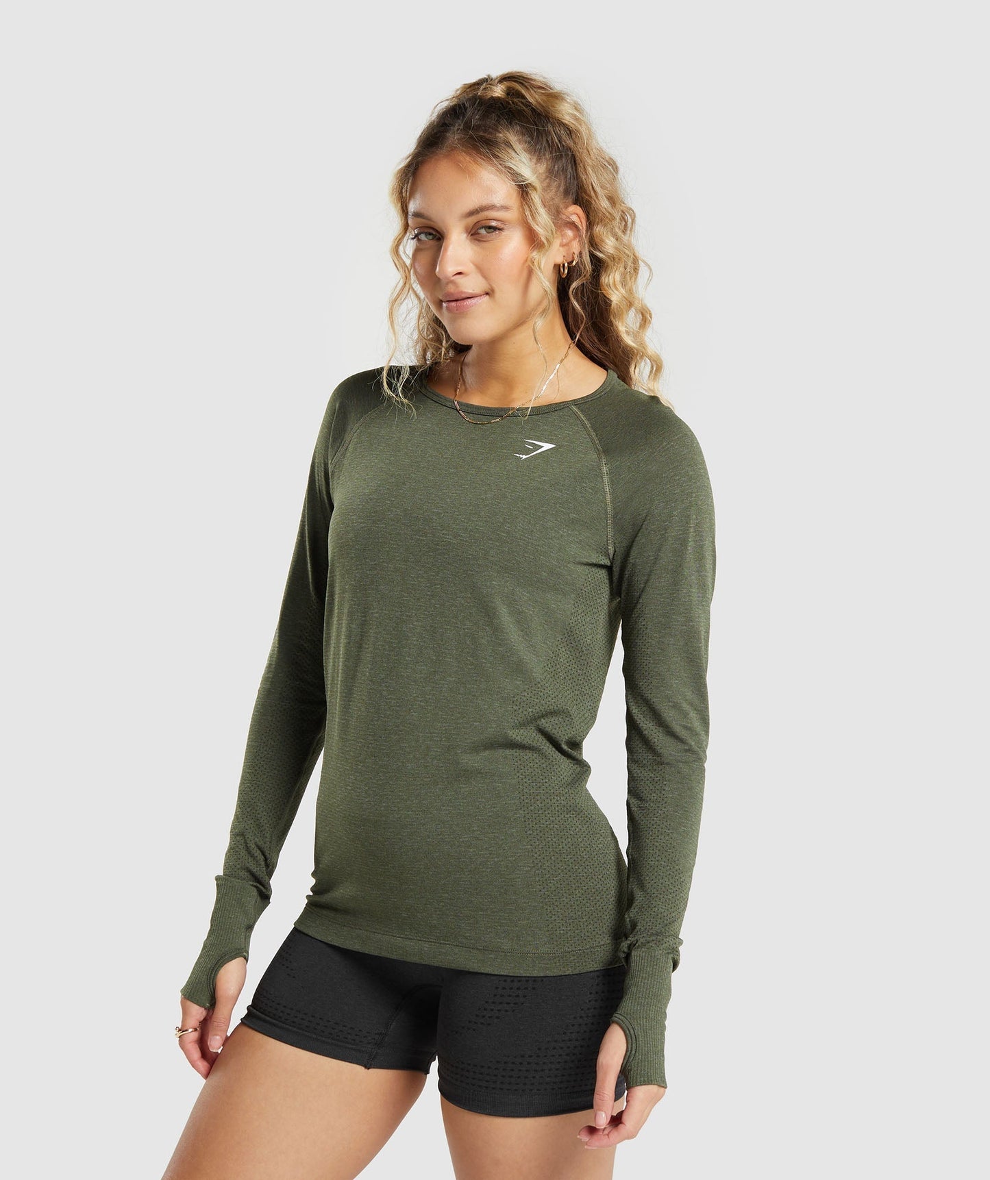 Gymshark Vital Seamless 2.0 Light Long Sleeve Top - Base Green Marl