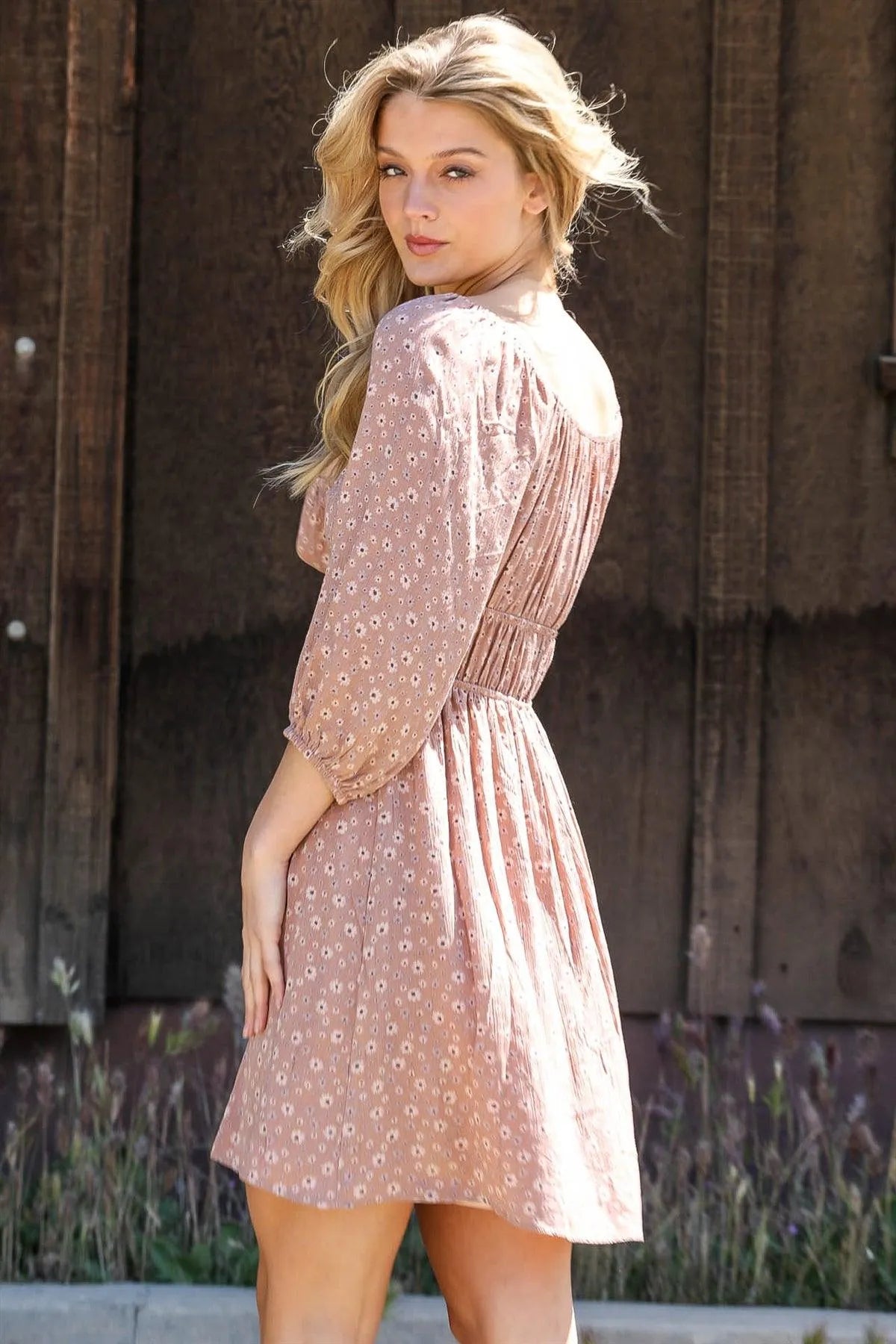 Apricot Floral Print Self-Tie Detail Balloon Sleeve Mini Dress