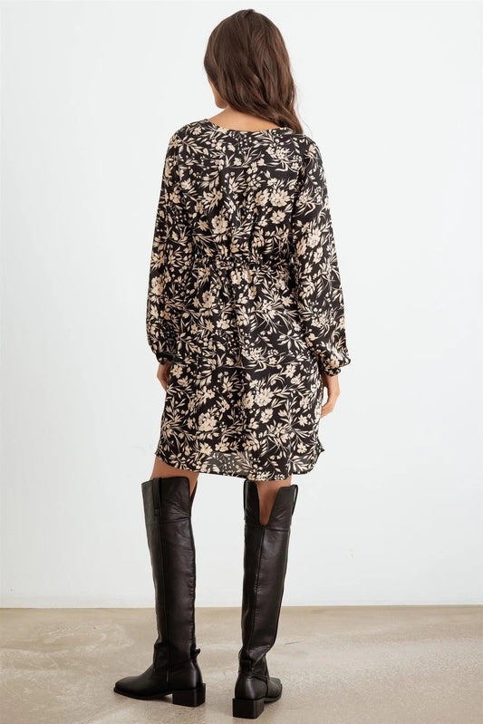 Black Flower Satin Long Sleeve Wrap Neck Mini Dress