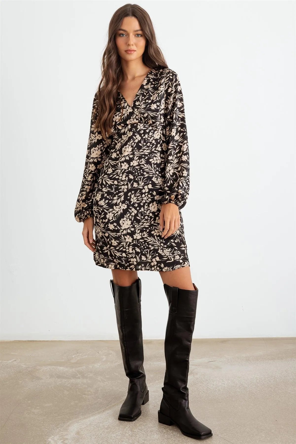 Black Flower Satin Long Sleeve Wrap Neck Mini Dress