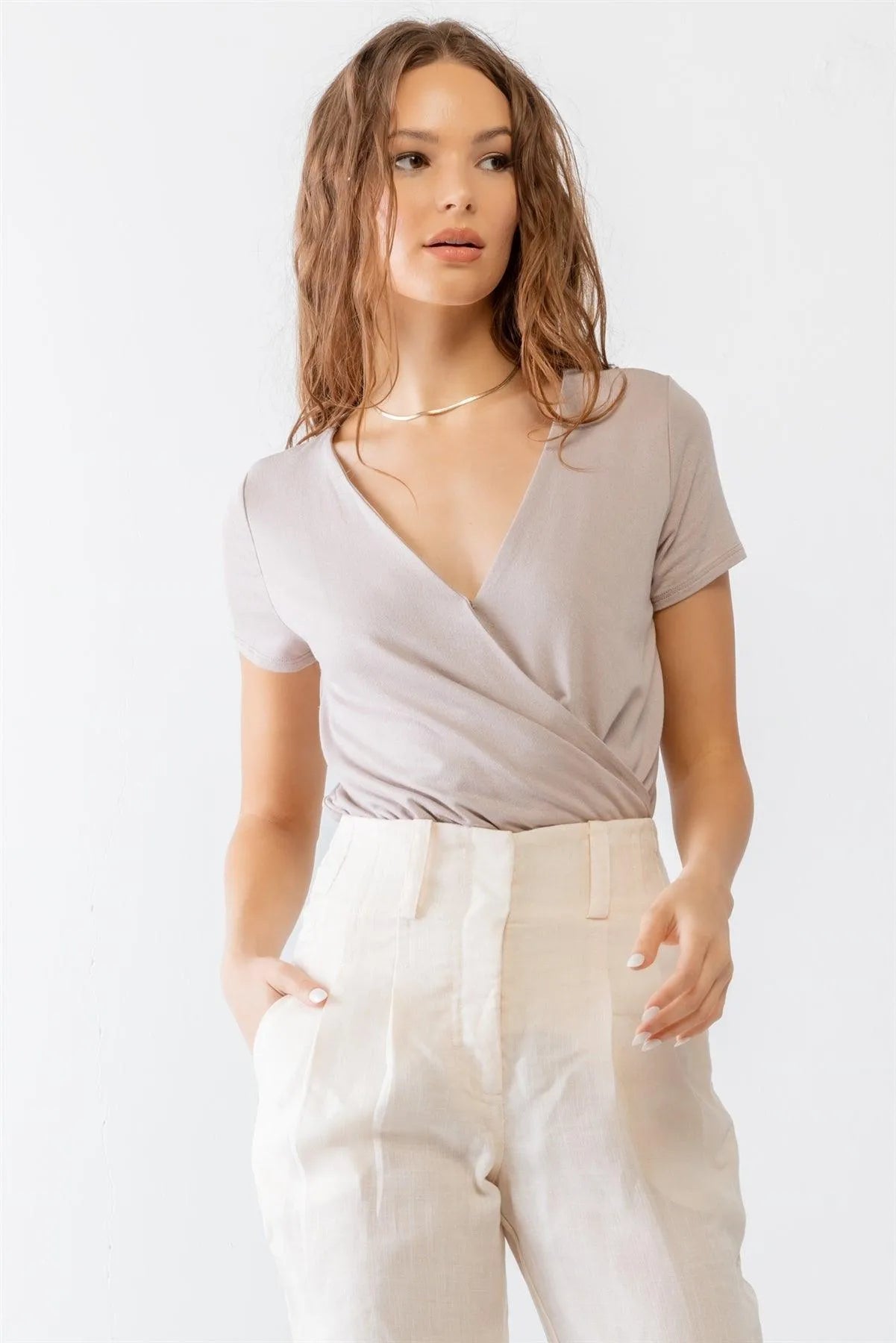 Beige Mauve Viscose Wrap Neck Short Sleeve Bodysuit /2-2-2