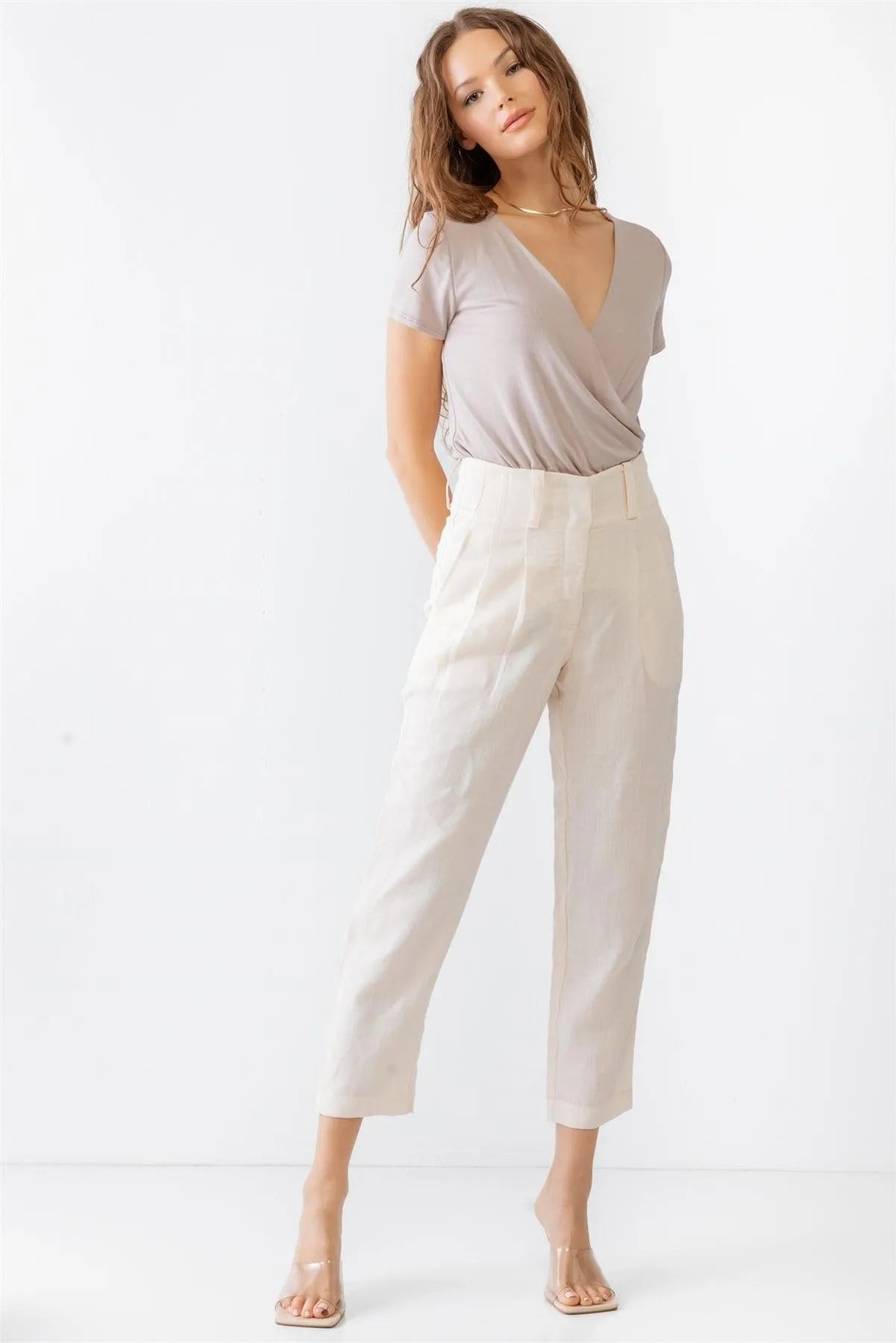 Beige Mauve Viscose Wrap Neck Short Sleeve Bodysuit /2-2-2