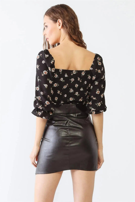 Black Floral Ruffle Midi Sleeve Smocked Back Ruched Crop Top