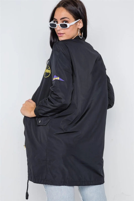 Black Graphic Patch Long Sleeve Bomber Jacket /2-2-2