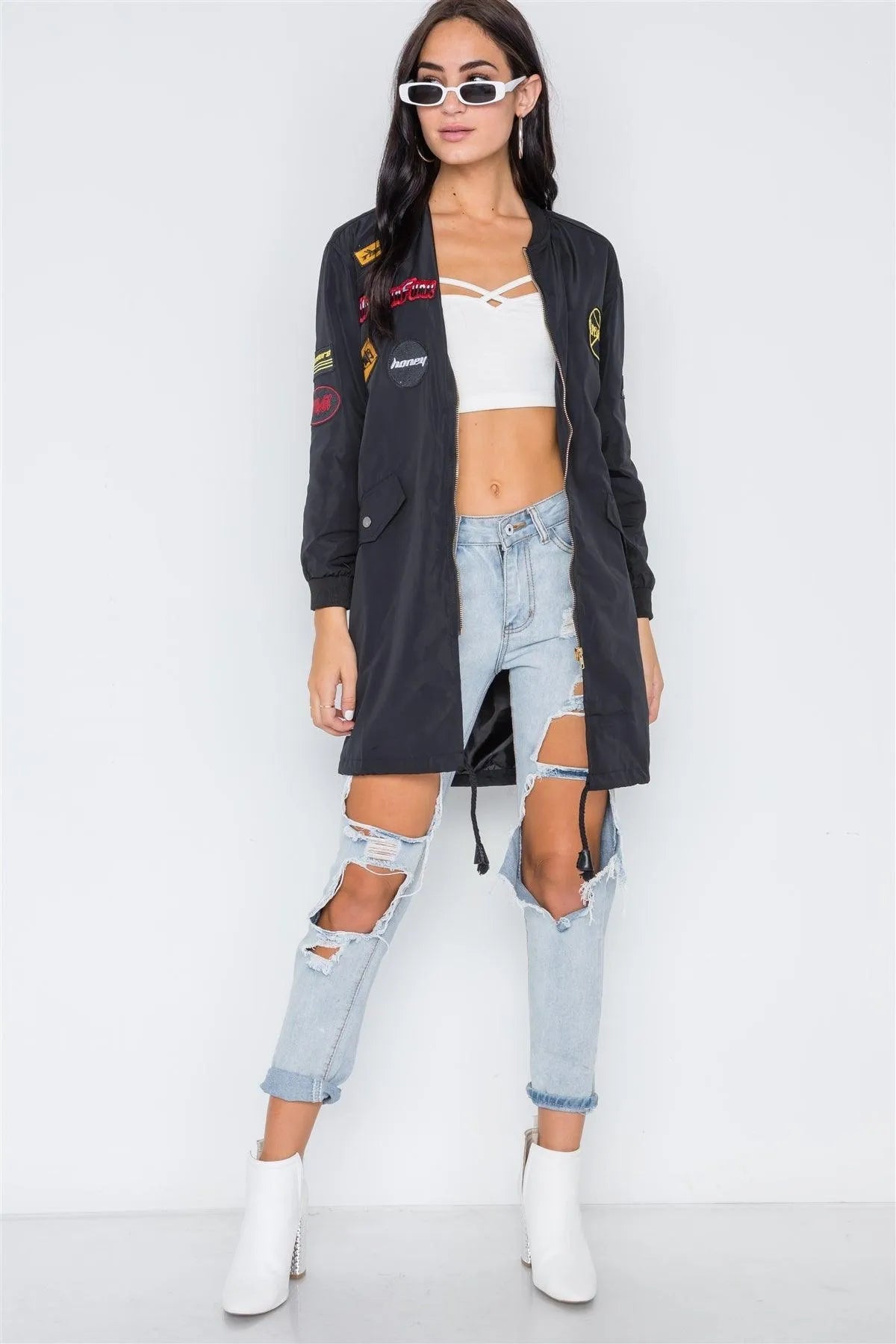 Black Graphic Patch Long Sleeve Bomber Jacket /2-2-2