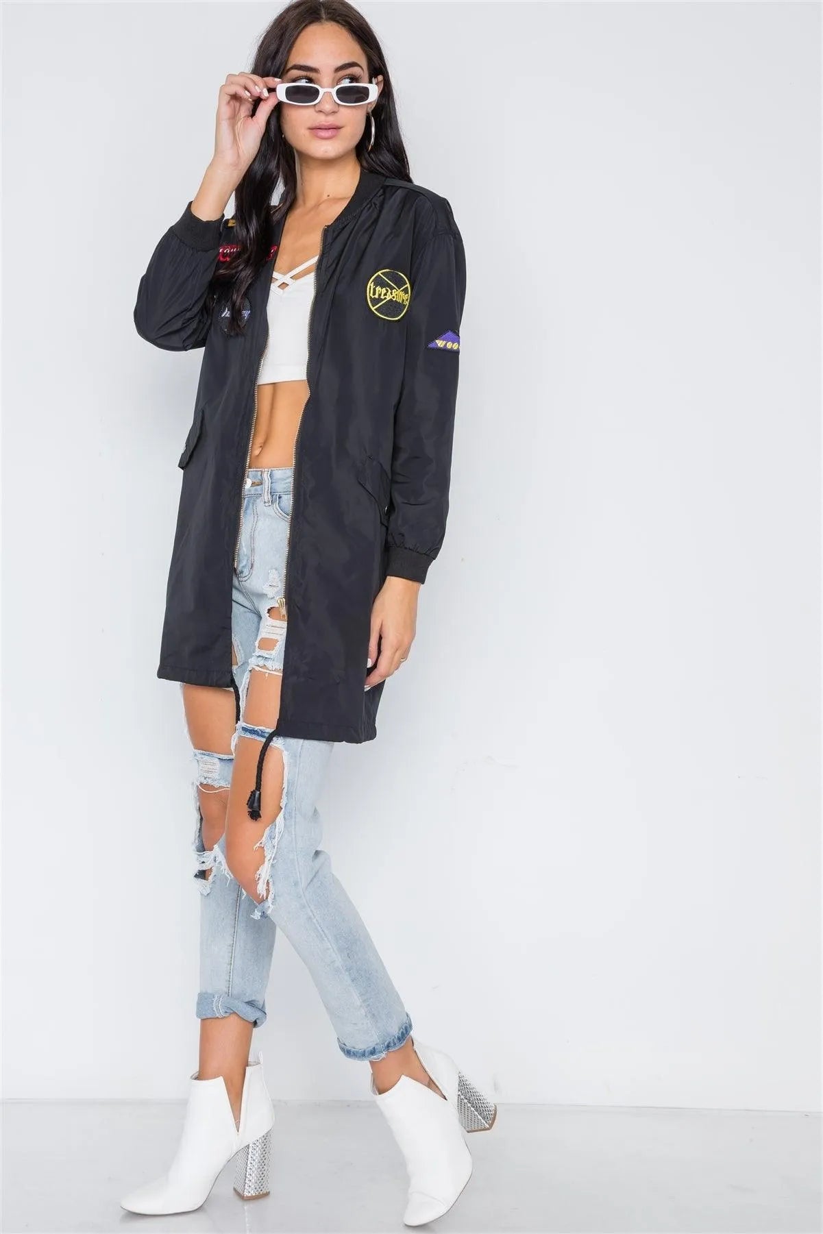 Black Graphic Patch Long Sleeve Bomber Jacket /4-2