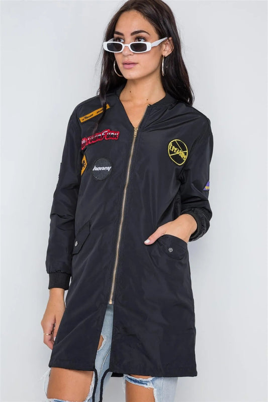 Black Graphic Patch Long Sleeve Bomber Jacket /4-2