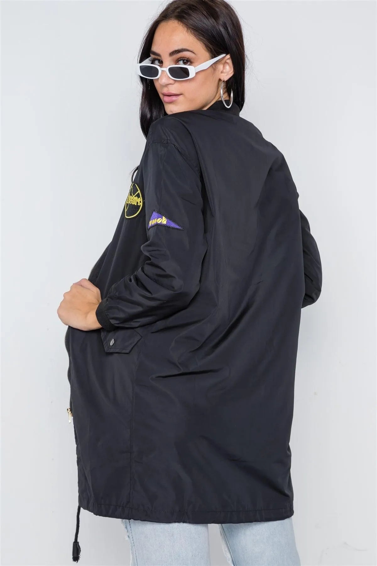Black Graphic Patch Long Sleeve Bomber Jacket /4-2