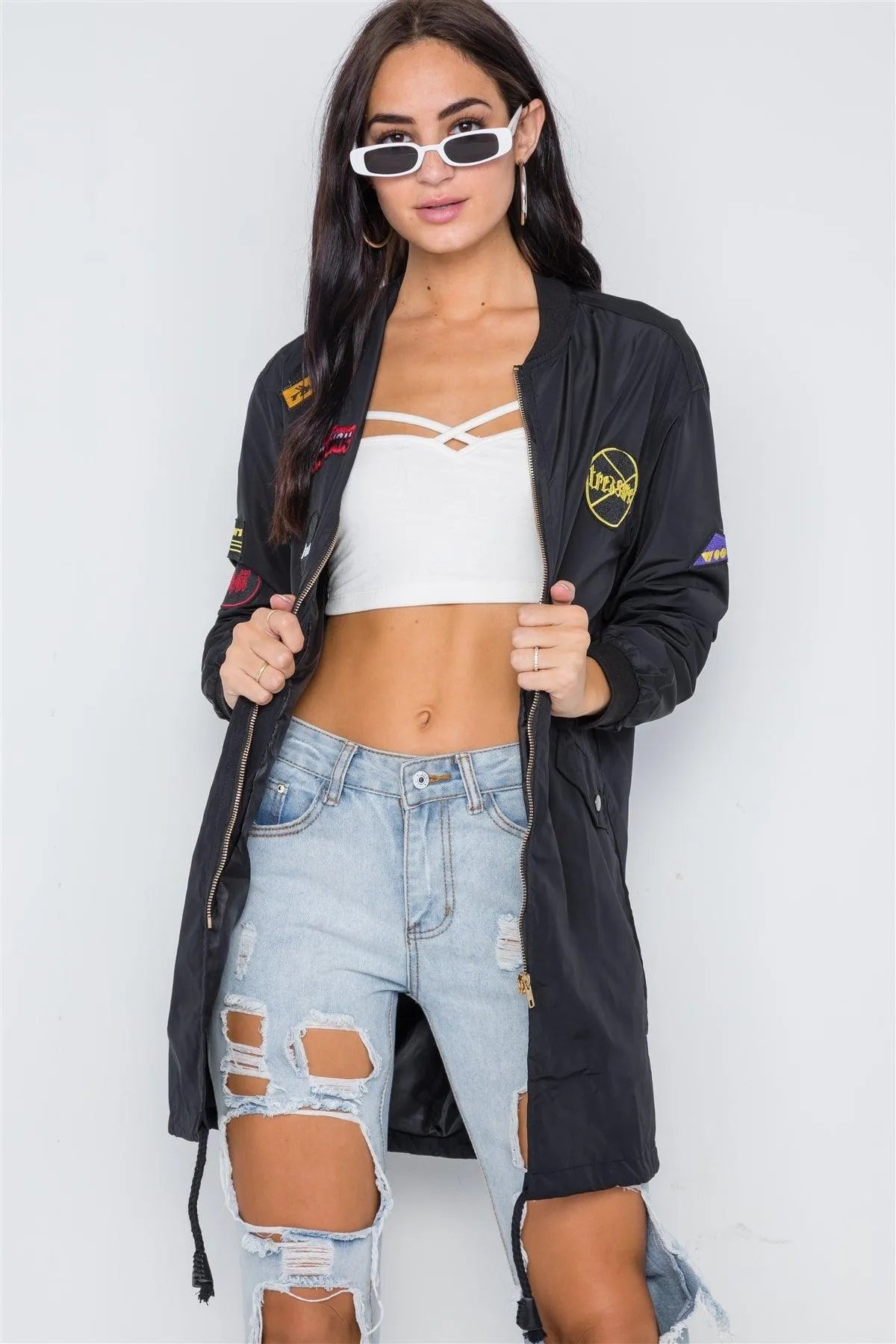 Black Graphic Patch Long Sleeve Bomber Jacket /4-2