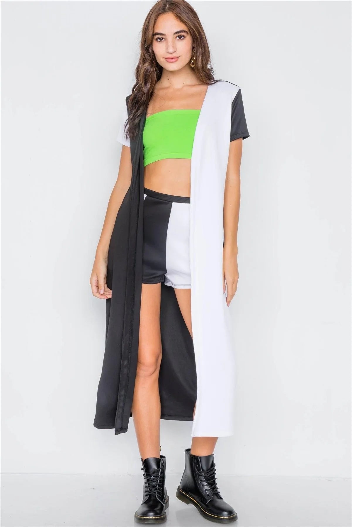 Black & White Color Block Shorts & Trench Coat Set  /1-2-2