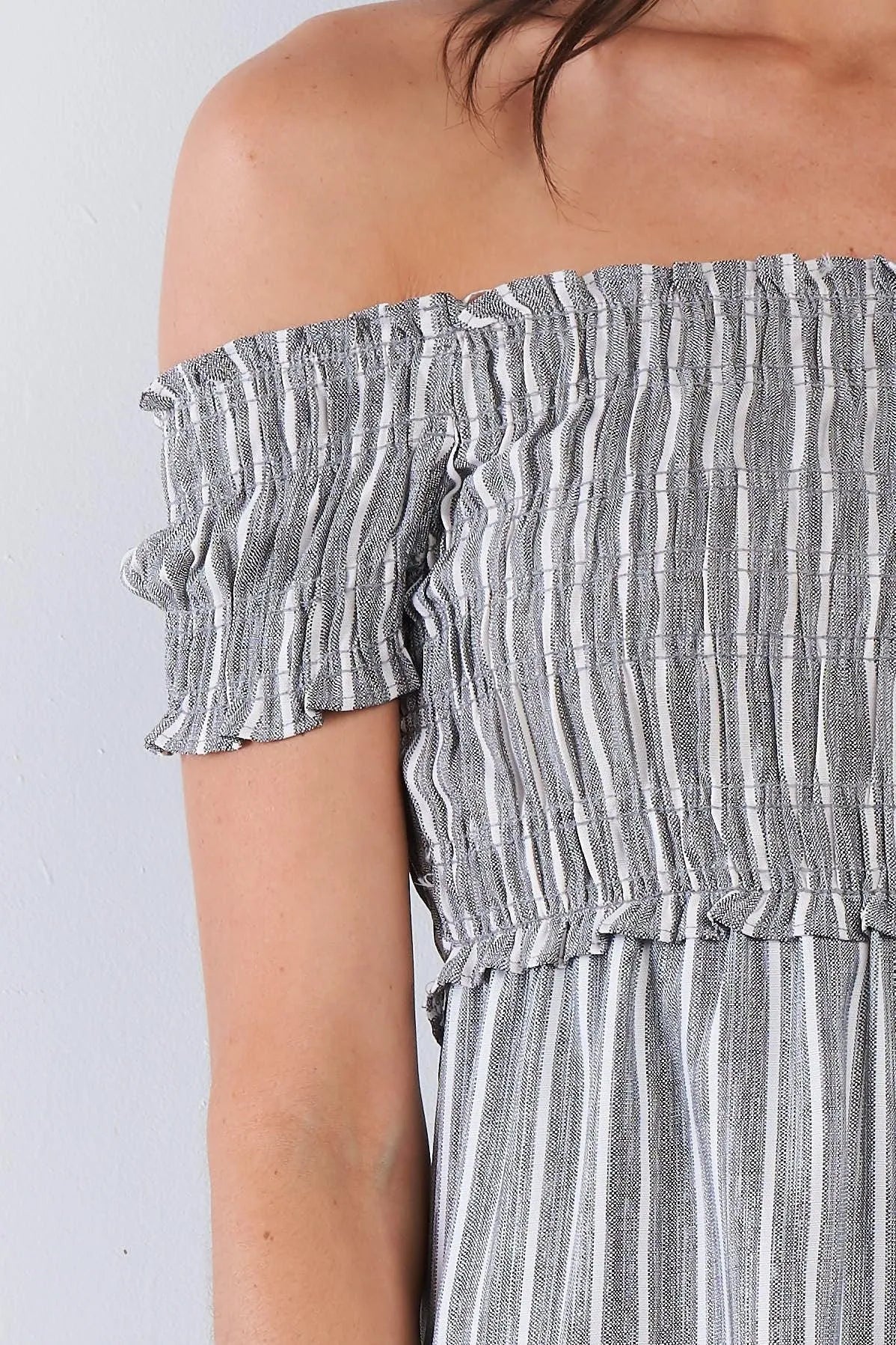 Black Grey & White Stripe Ruched Off-The-Shoulder Mini front Button Dress /3-2-1