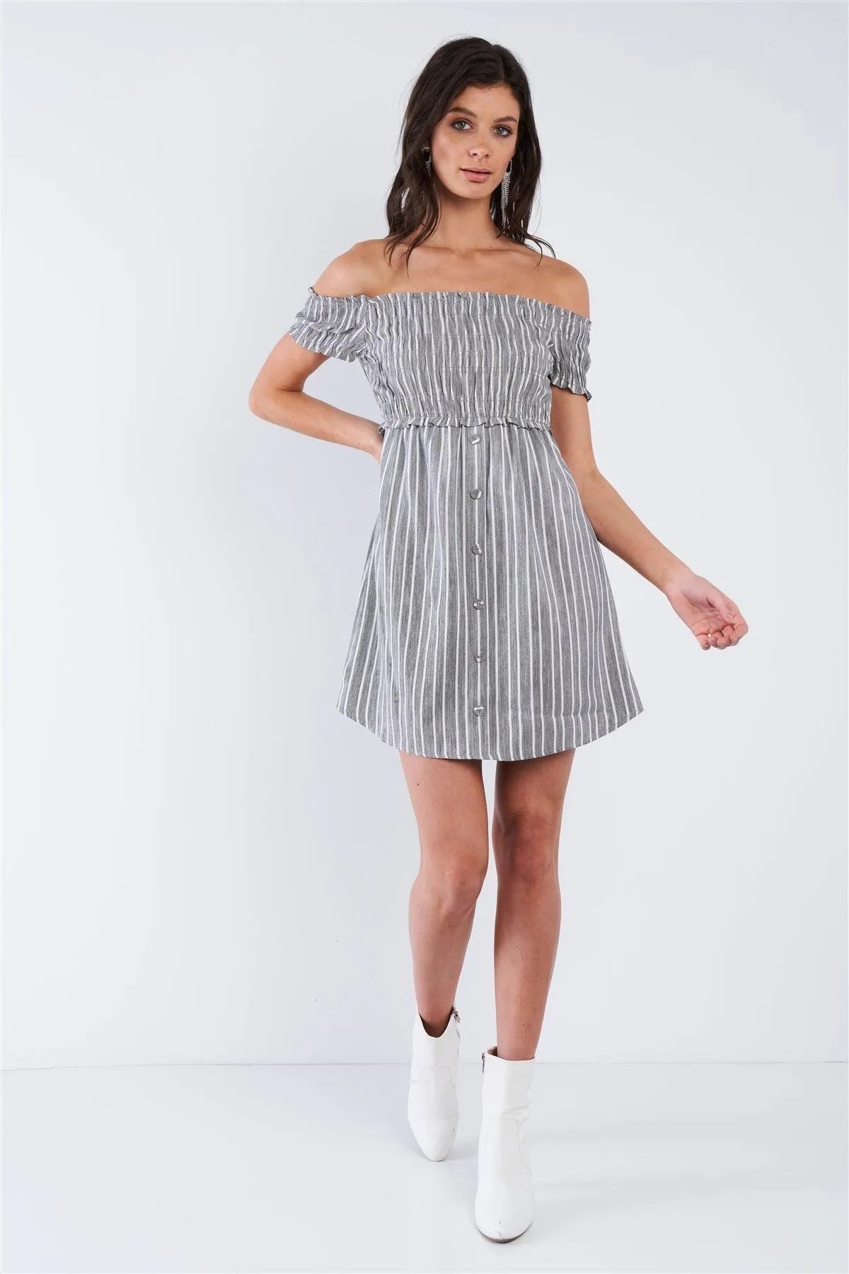 Black Grey & White Stripe Ruched Off-The-Shoulder Mini front Button Dress /3-2-1