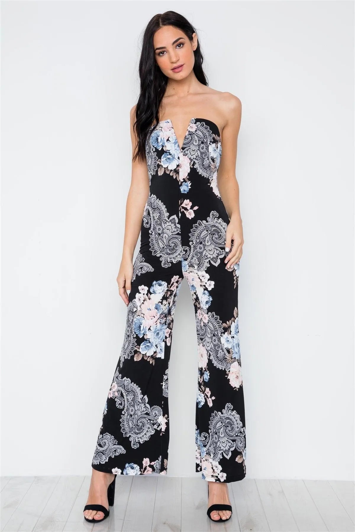 Black Floral Print Strapless Wide Leg Jumpsuit /2-2-2