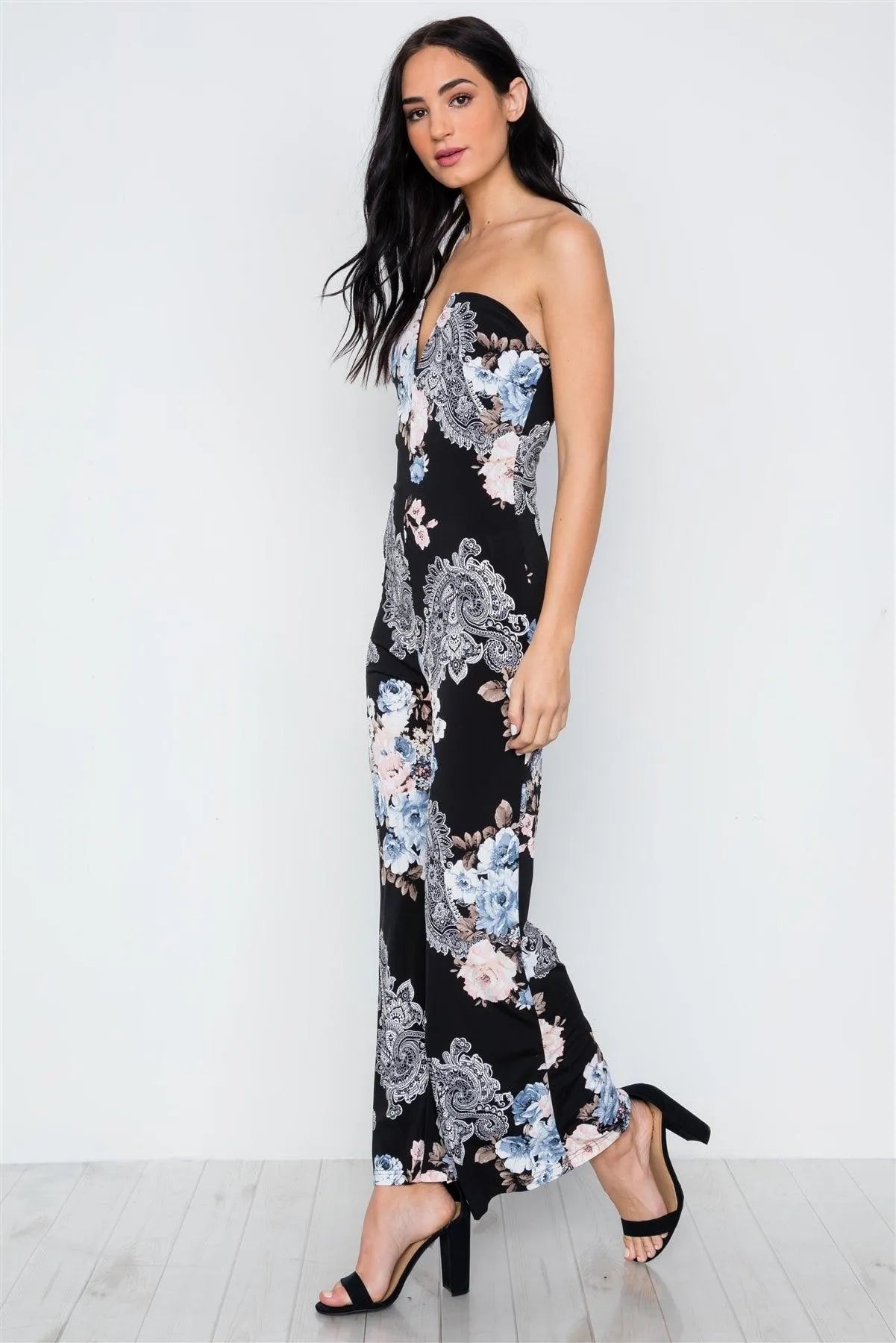 Black Floral Print Strapless Wide Leg Jumpsuit /2-2-2