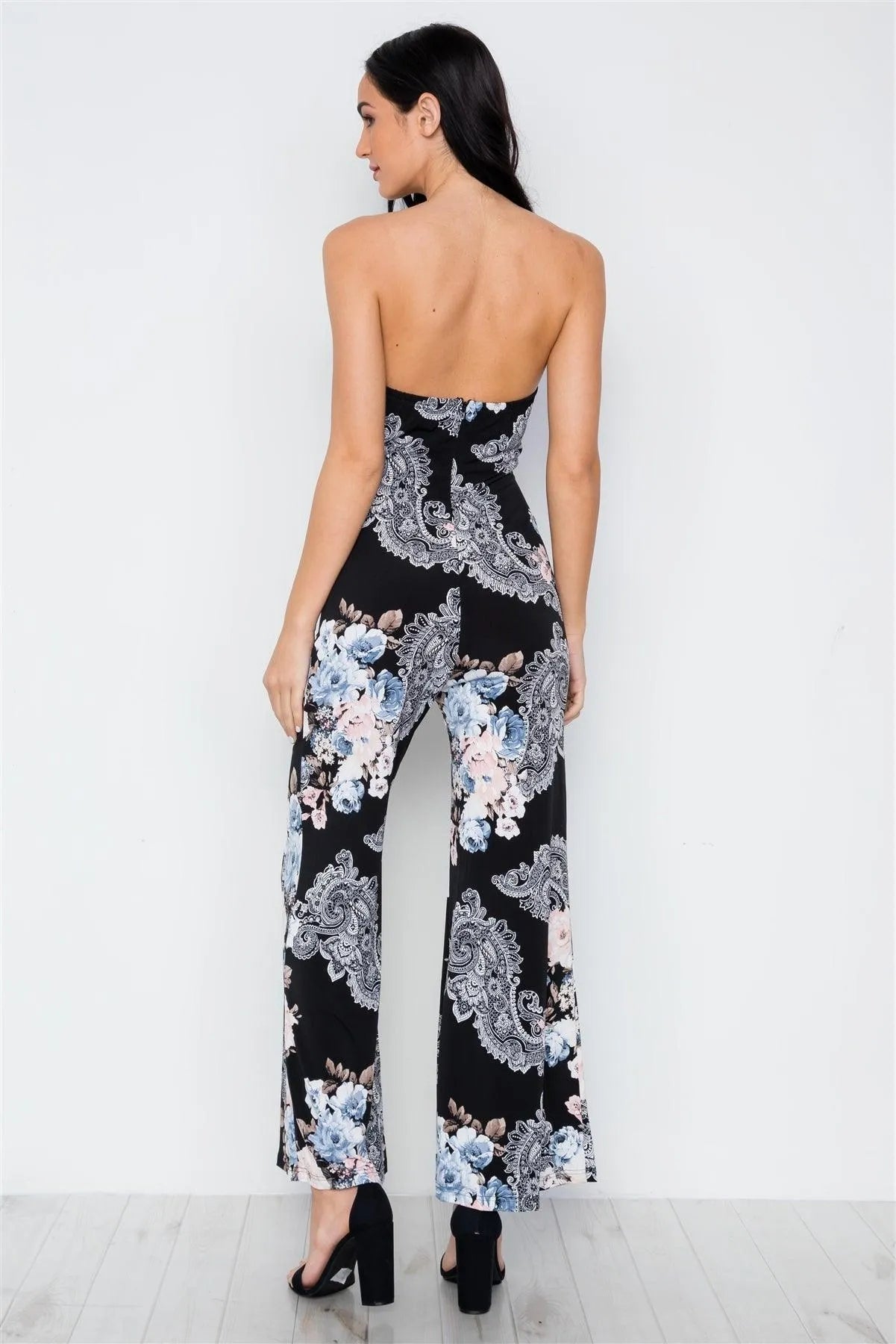 Black Floral Print Strapless Wide Leg Jumpsuit /2-2-2