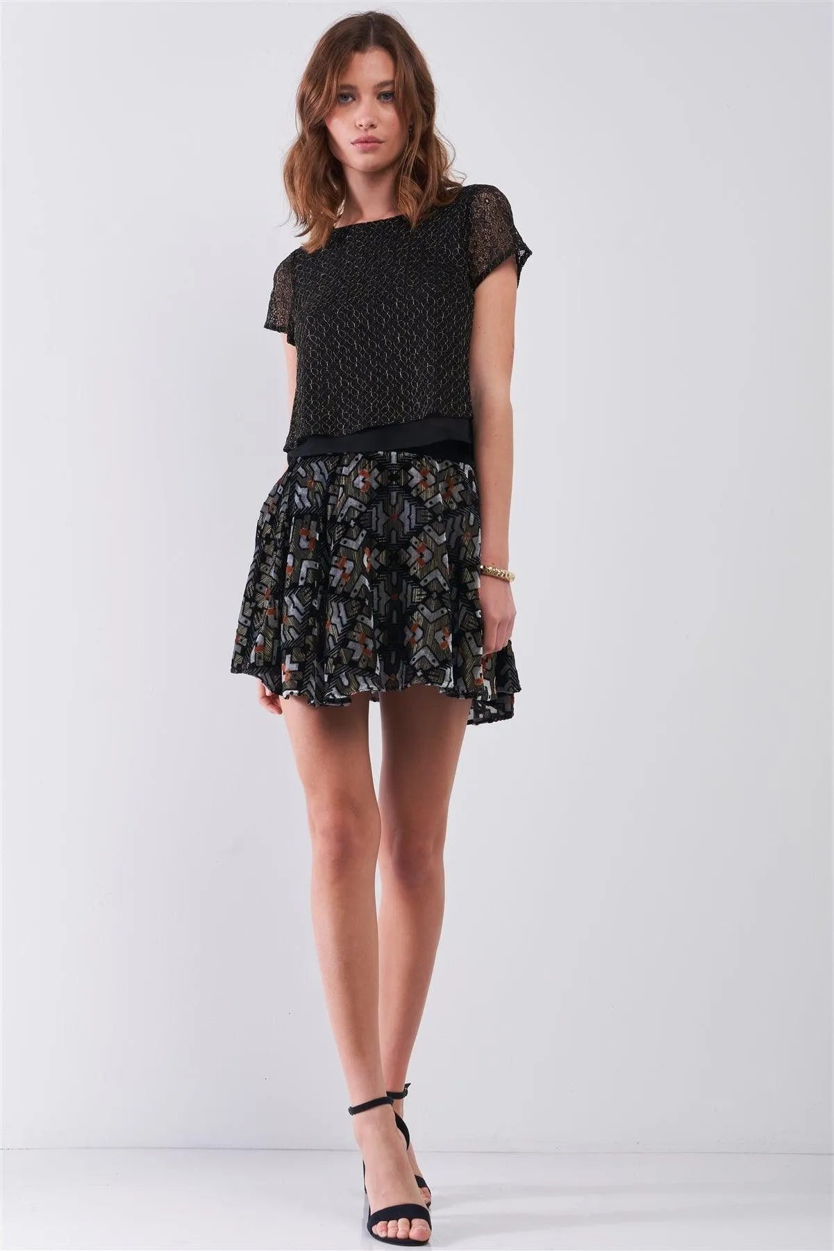 Black & Gold Thread Crew Neck Crochet Layered Short Sleeve Back Strap Detail Top /1-2-2-1