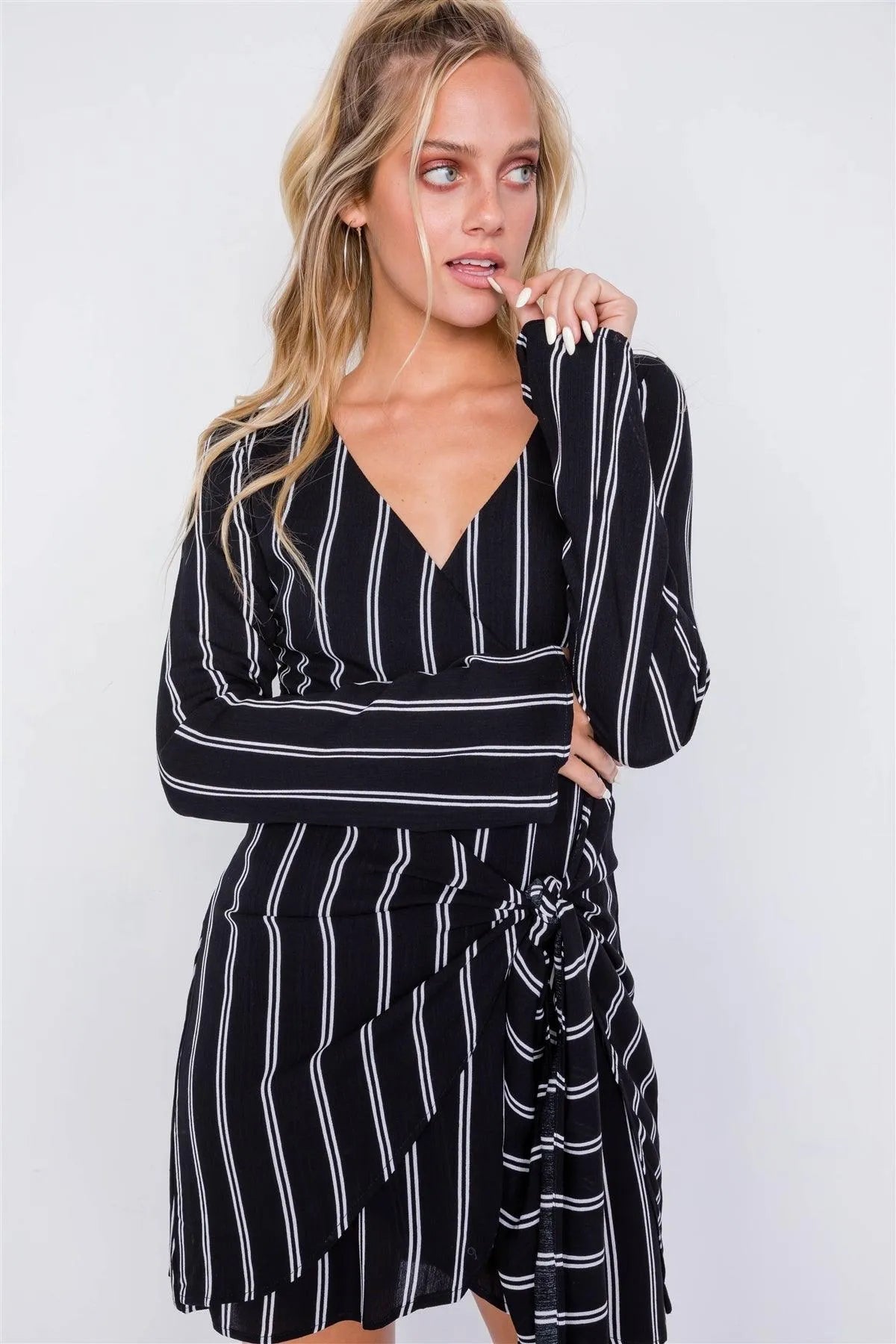 Black Ivory Stripe Mock Wrap Office Chic Mini Dress /3-2-1