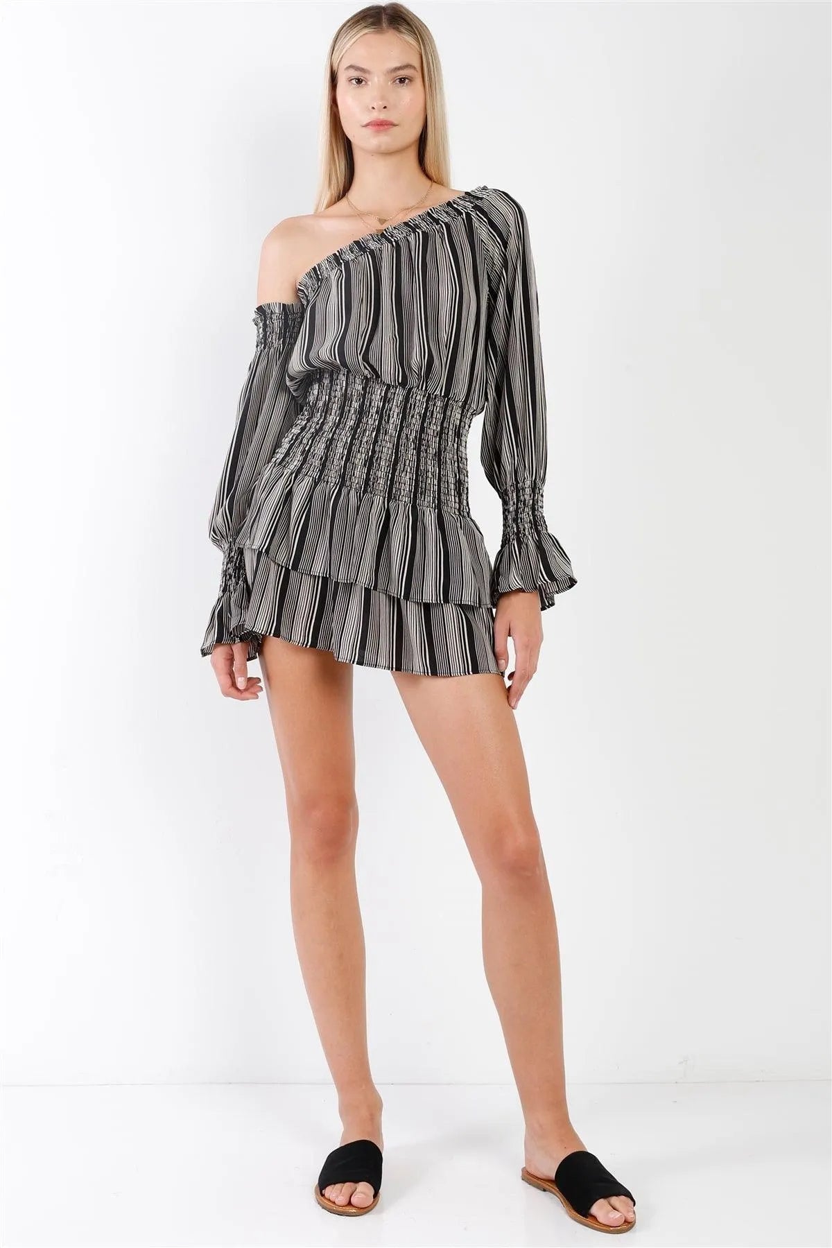 Black & White Striped One-Shoulder Long Balloon Sleeve Smock Waist Mini Dress /3-2-1