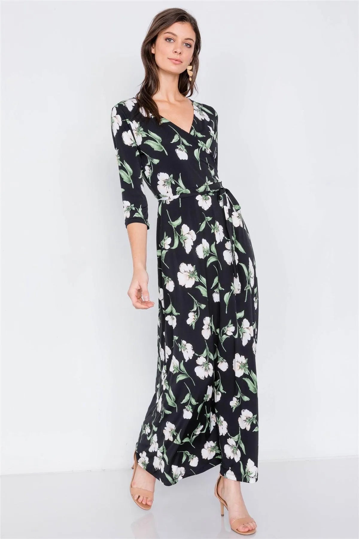Black Floral Print Waist Tie 3/4 Sleeve Maxi Dress /2-2-2