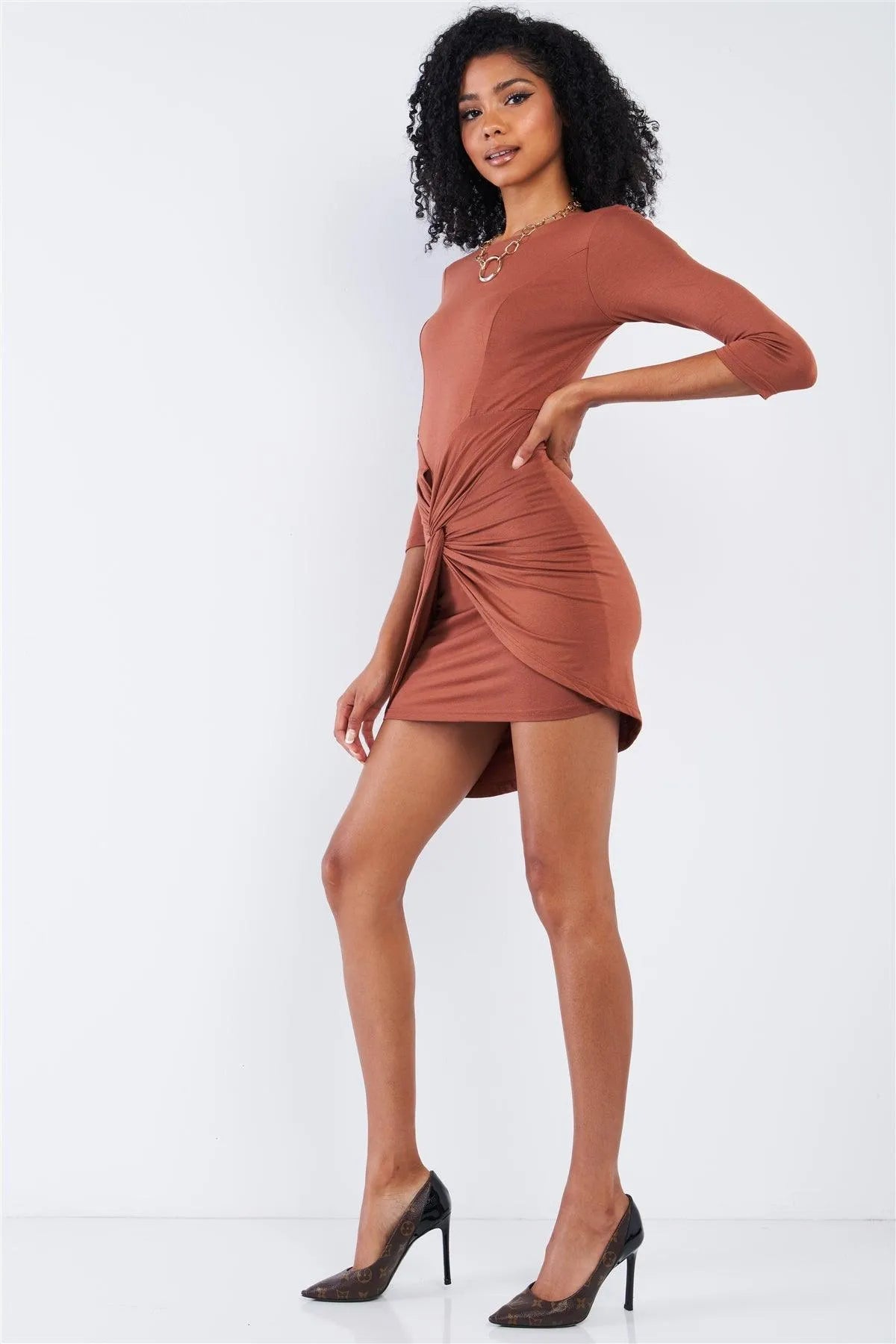 Asymmetrical Tight Fit Midi Sleeve Round Neck Front Twist Wrap Detail Mini Dress